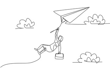 Poster - Single continuous line drawing young business woman hanging at rope on flying paper plane. Professional entrepreneur. Minimalism metaphor concept. One line draw graphic design vector illustration