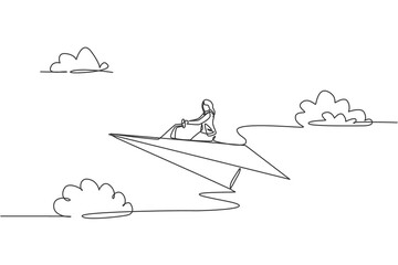 Poster - Single continuous line drawing young business woman ride paper plane to achieve business goal. Professional entrepreneur. Minimalism metaphor concept. One line draw graphic design vector illustration
