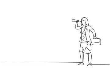 Poster - single one line drawing of young businesswoman analyze business opportunity using monocular. busines