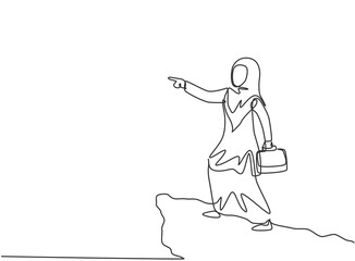 Poster - Continuous one line drawing young Arab female worker pointing finger from top of the cliff. Success business manager. Minimalist metaphor concept. Single line draw design vector graphic illustration