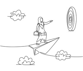 Poster - Continuous one line drawing young Arab female worker on flying paper plane ready to hit target. Success business manager. Minimalist metaphor concept. Single line design vector graphic illustration