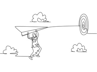 Poster - Single one line drawing of young Arab business woman hanging on flying paper plane to hit target. Business challenge. Minimal metaphor concept. Continuous line draw design graphic vector illustration