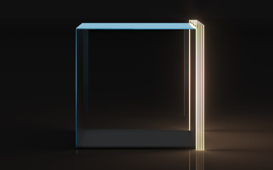 Poster - empty glass showcase with neon lines, 3d rendering.