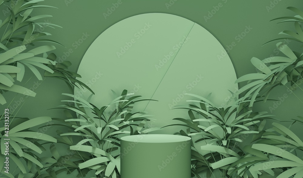 Minimal scene with podium, tropical palms, leaves and abstract background. Pastel blue and green colors scene. Trendy 3d render for social media banners, promotion, product - obrazy, fototapety, plakaty 
