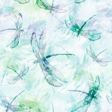 Seamless Watercolor Abstract Background With Beautiful Feathers. Vintage Illustration With An Abstract Blue Paint Glue. For Textiles, Material, Wallpapers. Watercolor Card With A Picture Of Dragonfly