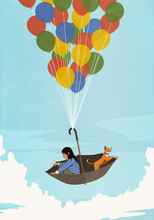 Girl And Dog Floating In Balloon Umbrella In Blue Sky

