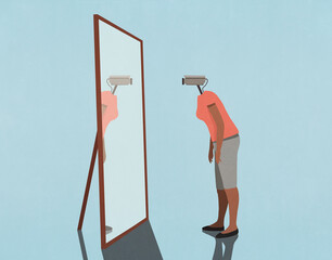 Woman with surveillance camera face looking in mirror
