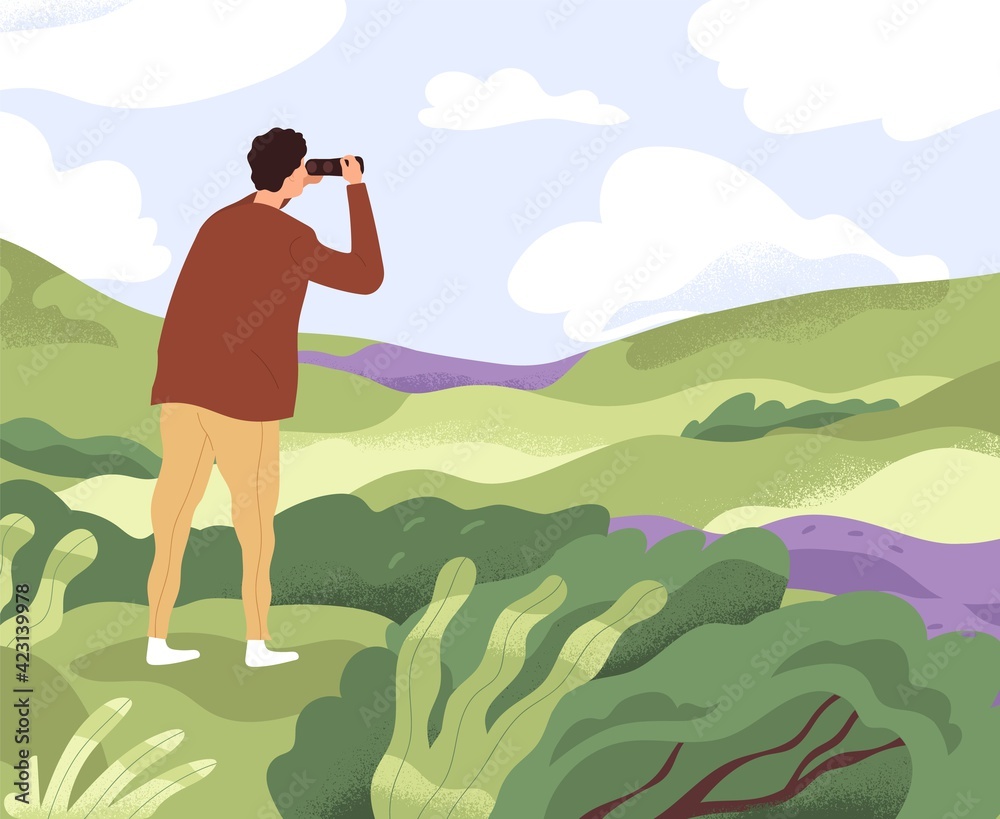 Man with binoculars looking forward in future. Concept of discovering new horizons, finding solutions, searching and exploring opportunities. Colored flat vector illustration of explorer in nature - obrazy, fototapety, plakaty 