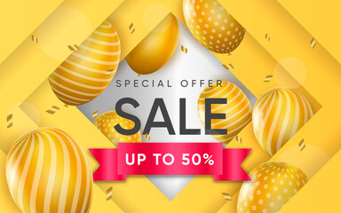 Aufkleber - 3d poster of Sale realistic design. Discount price to 50 percent off on ribbon. Flyer template with special offer for website background with balloons. Vector illustration of advertising web banner