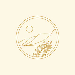 Abstract boho landscape logo. Sun, mountains, nature.