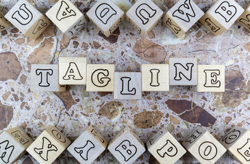 Fototapete - Tagline concept with the word on wood blocks and upper and lower borders of wooden cubes with random letters over a marbled stone background