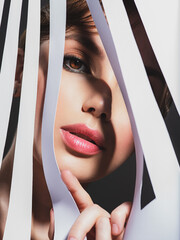 Wall Mural - Art portrait of beautiful young woman with brown makeup. Beautiful brunette looks through trafaret paper. Model looking out through  slots white paper.