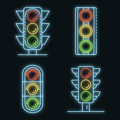Poster - Traffic lights icons set. Outline set of traffic lights vector icons neon color on black