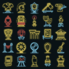 Poster - Museum icons set. Outline set of museum vector icons neon color on black