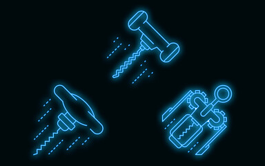 Wall Mural - Corkscrew icons set. Outline set of corkscrew vector icons neon color on black