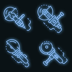 Poster - Angle grinder icons set. Outline set of angle grinder vector icons neon color on black