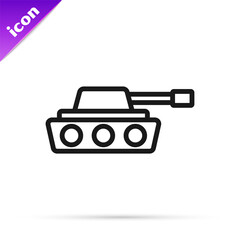 Sticker - Black line Military tank icon isolated on white background. Vector