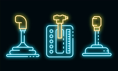 Poster - Gearbox icons set. Outline set of gearbox vector icons neon color on black
