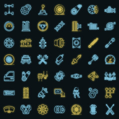 Poster - Car parts icons set. Outline set of car parts vector icons neon color on black