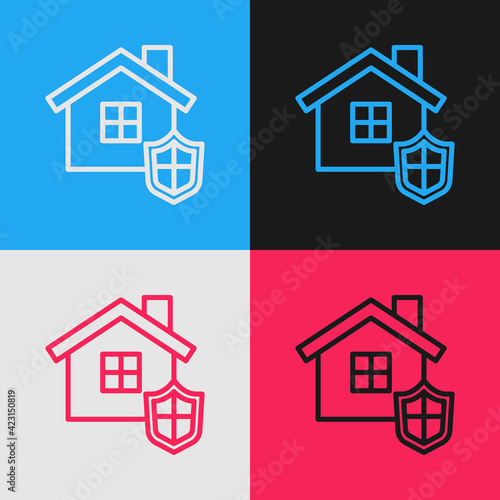 Pop Art Line House With Shield Icon Isolated On Color ...