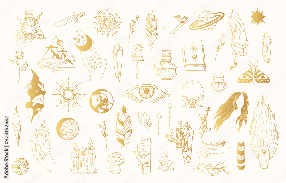 Big golden Witchcraft set with gold celestial hands, witch elements, evil eye, feathers, candles, mushrooms, crystals. Vector isolated mystical illustration. - obrazy, fototapety, plakaty 