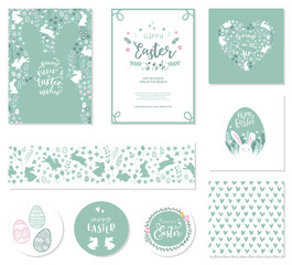 Wall Mural - Happy Easter templates with bunnies,eggs, flowers, floral frames and wreaths, rabbit and text. Matching backgrounds and patterns, Great for Easter cards, invitations, banners, wallpapers - vector