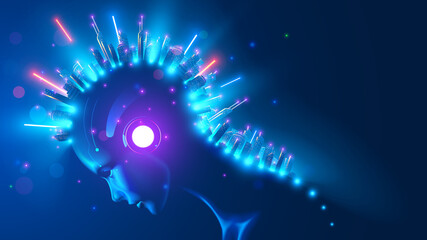 Poster - Futuristic smart city on head AI in image female cyborg or robot woman. Artificial intelligence, IOT technology, internet communications in modern city infrastructure system. Skyscrapers in neon light