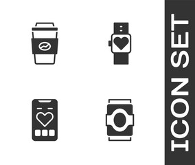 Sticker - Set Soda can, Coffee cup to go, Mobile with heart rate and Smart watch icon. Vector