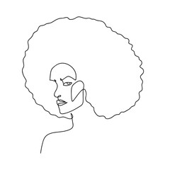 Wall Mural - Continuous line abstract female portrait with afro hairstyle. Hand drawn line African woman. Woman fashion beauty concept. Design for model business, t-shirt, logo, icon. Vector