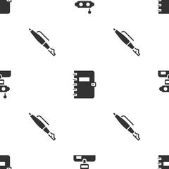 Sticker - Set Robot, Spiral notebook and Fountain pen nib on seamless pattern. Vector