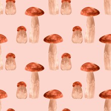 White Mushrooms Seamless Watercolor Pattern. Food, Forest Flora. Summer And Autumn Harvest.