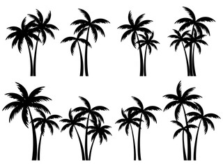 Wall Mural - Black palm trees set isolated on white background. Palm silhouettes. Design of palm trees for posters, banners and promotional items. Vector illustration