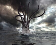 3d illustration of a Giant Squid Kraken rearing up out of the ocean