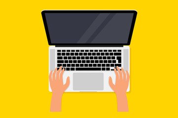 Poster - Desktop, Top View. Laptop computer. Computer notebook with empty screen. Laptop and hands on the keyboard. Human hands using computer. Vector illustration work process, working at a computer