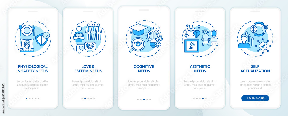 Human being needs blue onboarding mobile app page screen with concepts. Self-actualization walkthrough 5 steps graphic instructions. UI, UX, GUI vector template with linear color illustrations - obrazy, fototapety, plakaty 