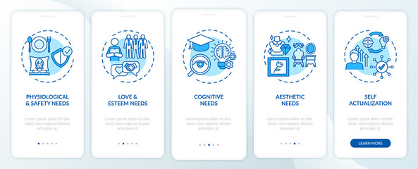 Human being needs blue onboarding mobile app page screen with concepts. Self-actualization walkthrough 5 steps graphic instructions. UI, UX, GUI vector template with linear color illustrations