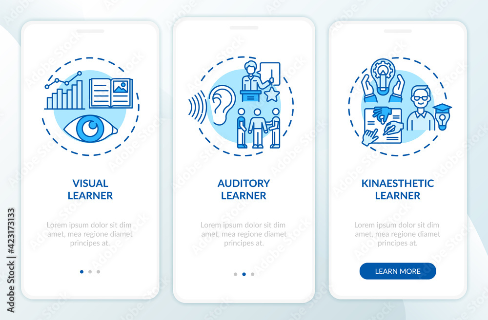 Learning styles blue onboarding mobile app page screen with concepts ...