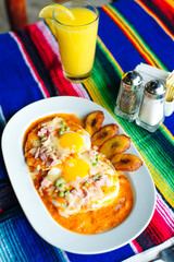 Mexican eggs with two eggs and sauce and tomatoes with platanos