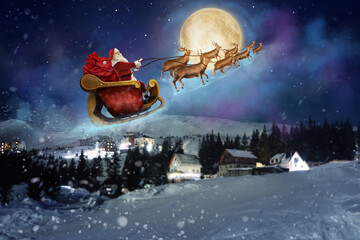 Magic Christmas eve. Santa with reindeers flying in sky on full moon night