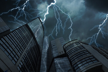 Wall Mural - dark cloudy sky with lightning over city. stormy weather