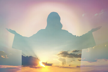 Wall Mural - Silhouette of Jesus Christ and cloudy sky, double exposure