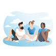 © M.IVA - Happy friends at meeting talk outdoors in park, joke, laugh, relax on picnic, read books, tell stories. Happy team of people sit, lie on grass on weekends, on vacation, in free time, in good weather.