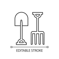 Poster - Garden fork and spade linear icon. Loosening soil. Light cultivation. Moving bulk materials. Thin line customizable illustration. Contour symbol. Vector isolated outline drawing. Editable stroke