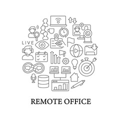 Remote office abstract linear concept layout with headline. Virtual meetings. Freelancer minimalistic idea. Marketing strategy thin line graphic drawings. Isolated vector contour icons for background