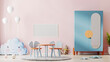 Blank horizontal poster frame mock up in beautiful children room interior with pink wall, colorful furniture and soft toys, kids playroom interior background, nursery, 3d rendering