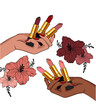 sketch of hands holding lipsticks different colors
