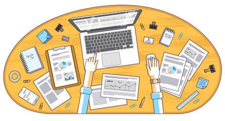 Fototapete - Business analysis, office worker or entrepreneur businessman working on a PC notebook and papers with financial analytics, top view of work desk with stationery and documents and hands. Vector.