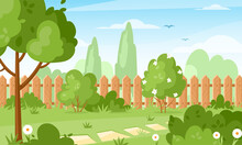 Backyard. Vector Illustration Of House Backyard With Trees, Bushes, Green Grass Lawn, Flowers And Wood Fence. Horizontal Garden Banner. Spring Or Summer Landscape. Patio Area For BBQ Summer Parties.