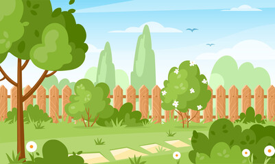 Backyard. Vector illustration of house backyard with trees, bushes, green grass lawn, flowers and wood fence. Horizontal garden banner. Spring or summer landscape. Patio area for BBQ summer parties.