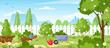 Gardening. Vector illustration of house backyard with trees, bushes, green grass lawn, flowers, garden tools and wood fence. Horizontal garden banner. Spring or summer landscape. Patio area